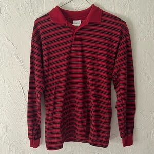 Boys collared red & black striped long sleeve quarter button up shirt